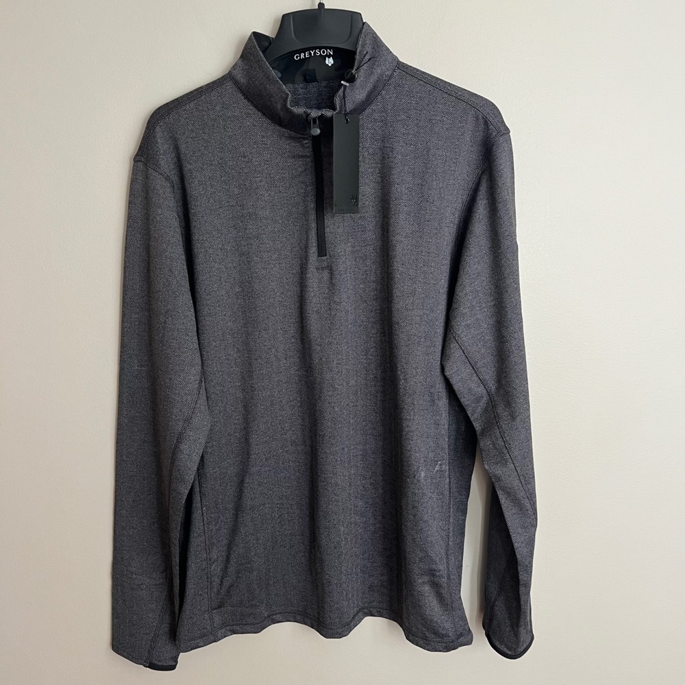 Greyson Herringbone Tate Quarter Zip Pullover Black Men Large NWT Flaw Logo